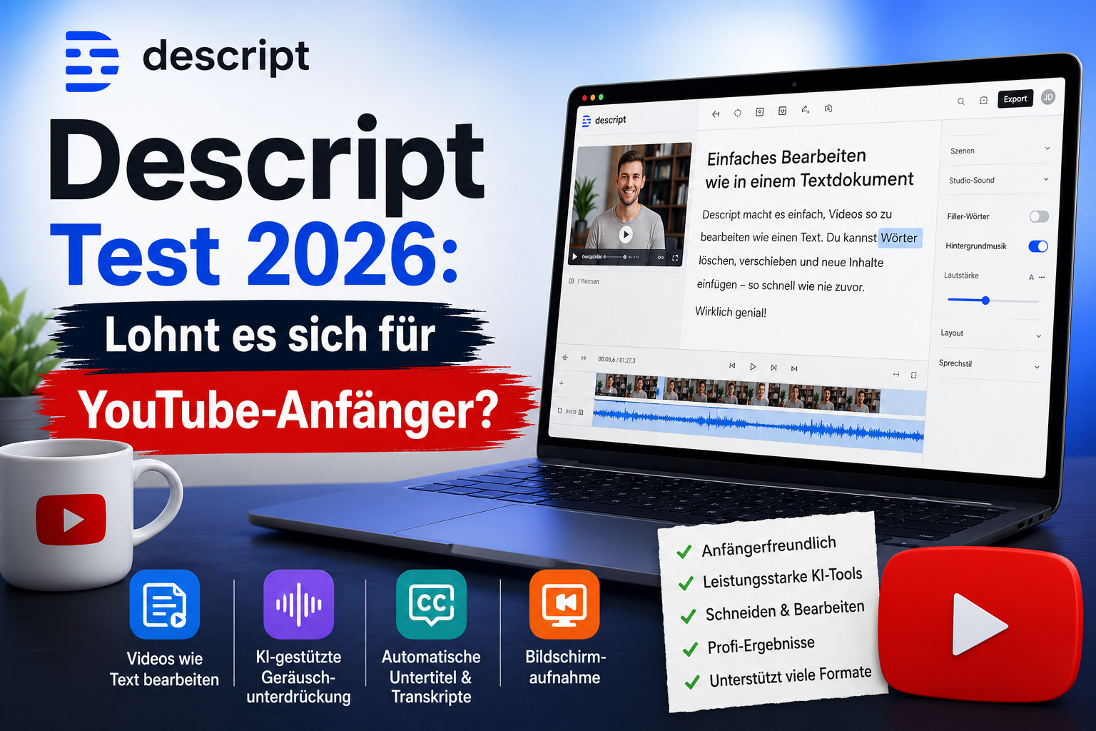Descript Test 2026 für YouTube-Einsteiger