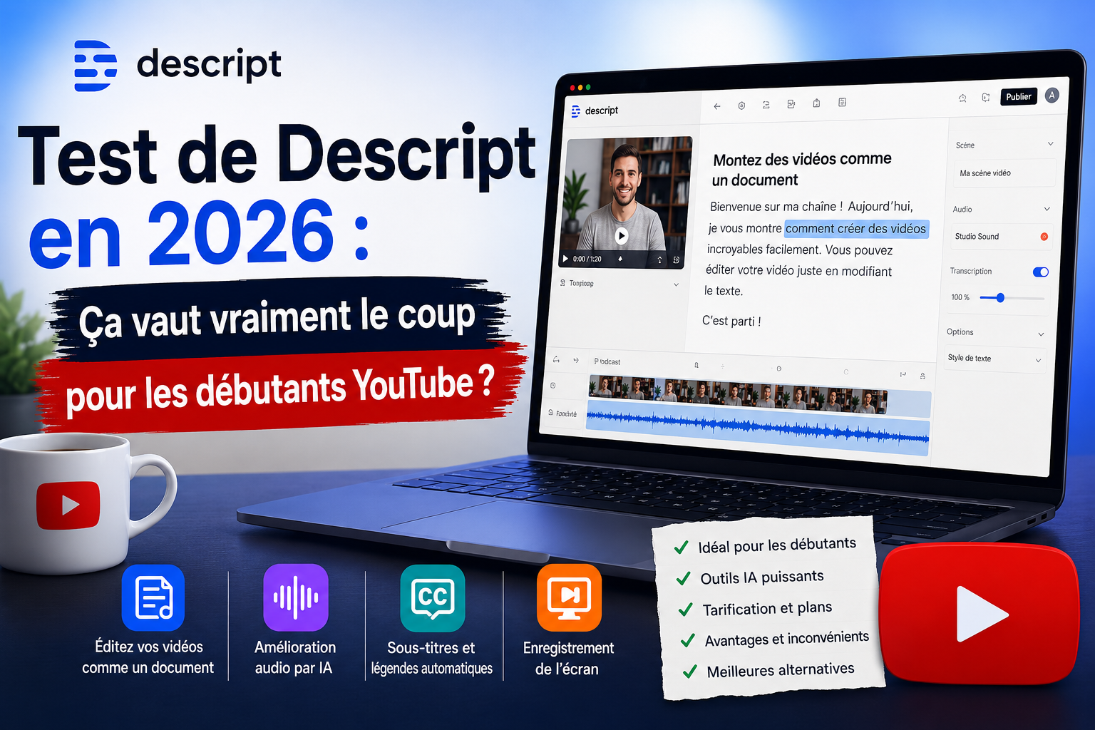 Avis Descript 2026 pour les débutants sur YouTube