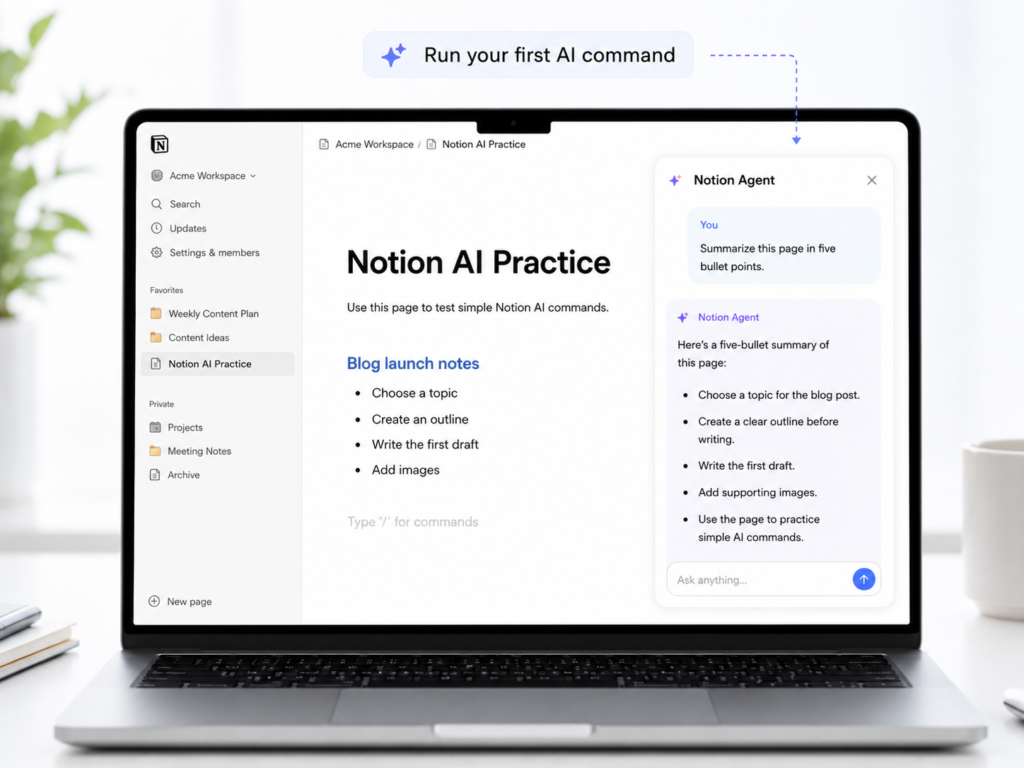 Notion AI summarizing a page in five bullet points