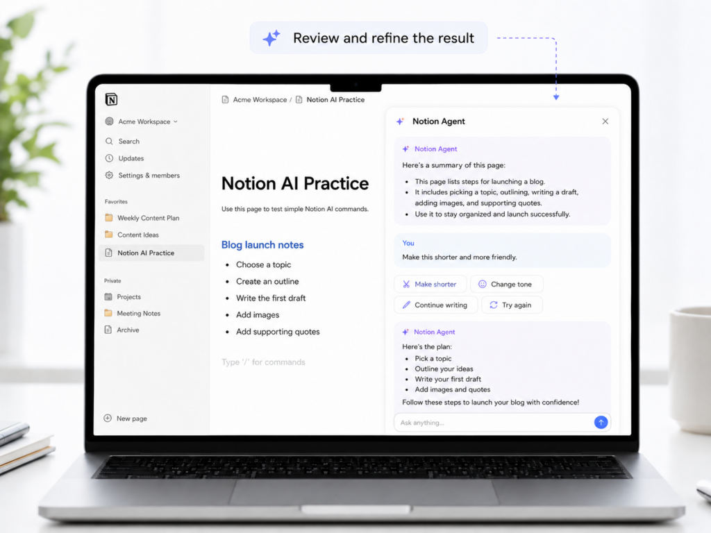 Reviewing and refining a Notion AI response