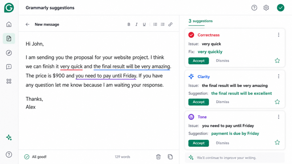 Grammarly grammar and clarity suggestions example