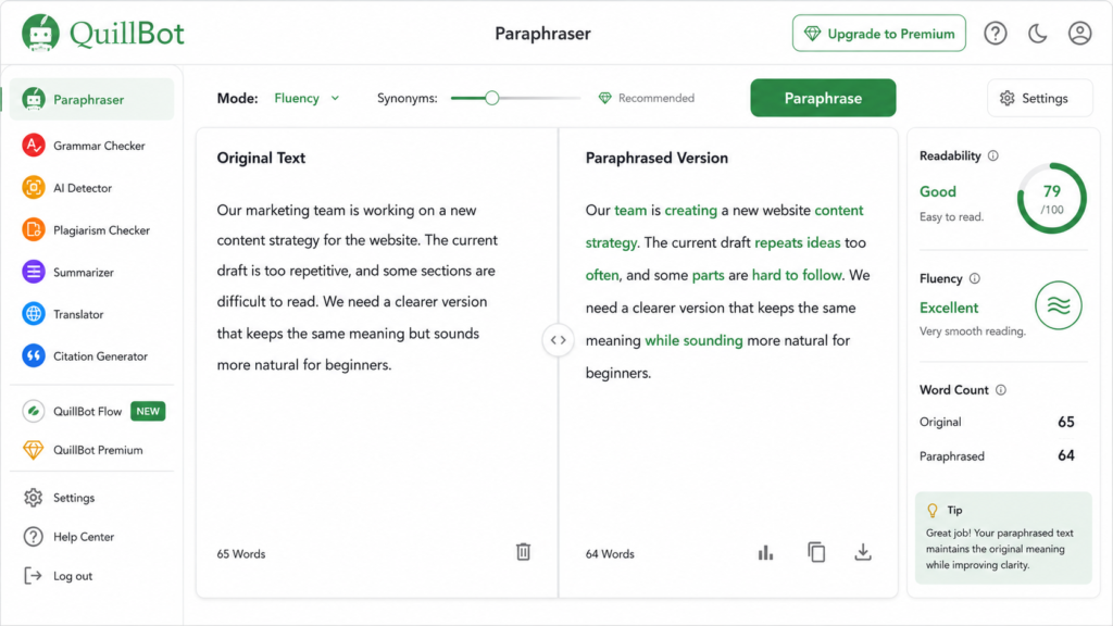QuillBot paraphrasing tool example for beginners