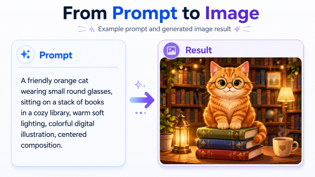 AI prompt and generated image of an orange cat in a library