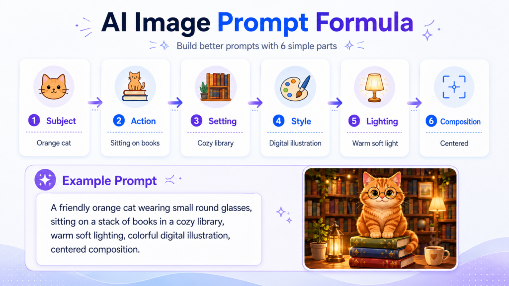 AI image prompt formula showing subject, action, setting, style, lighting, and composition
