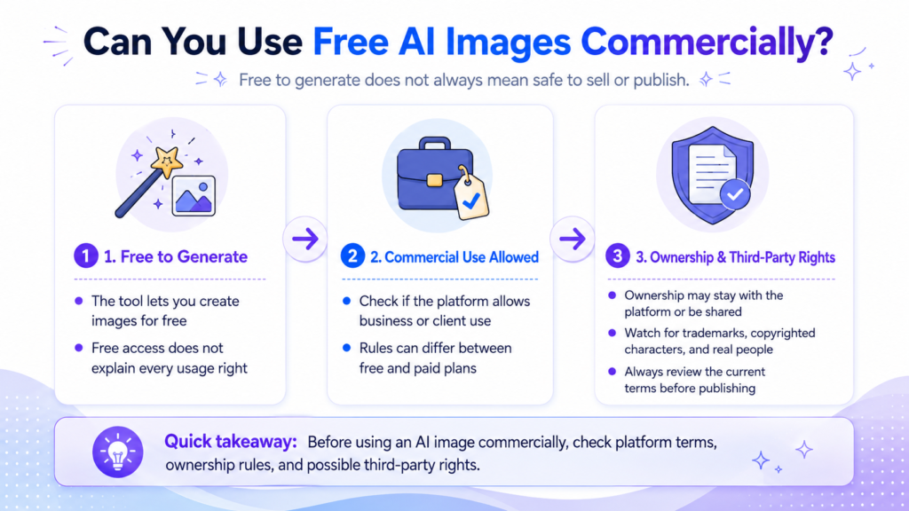 Difference between free AI image generation, commercial use, and ownership rights