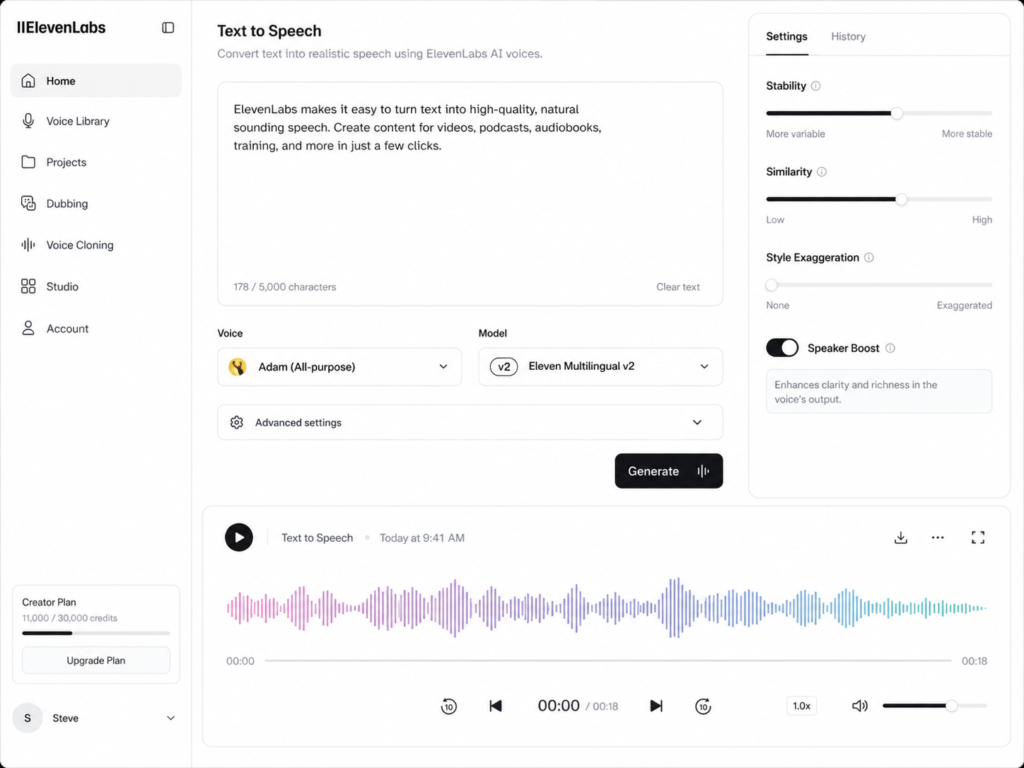 ElevenLabs text to speech interface