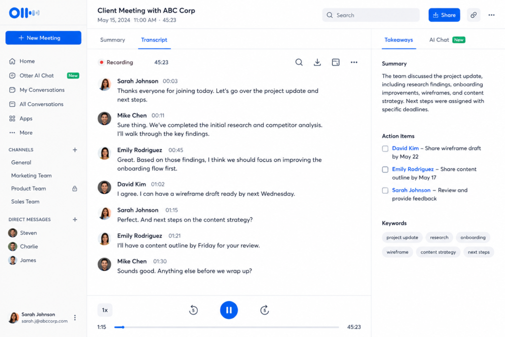 Otter.ai live meeting transcription with speaker identification