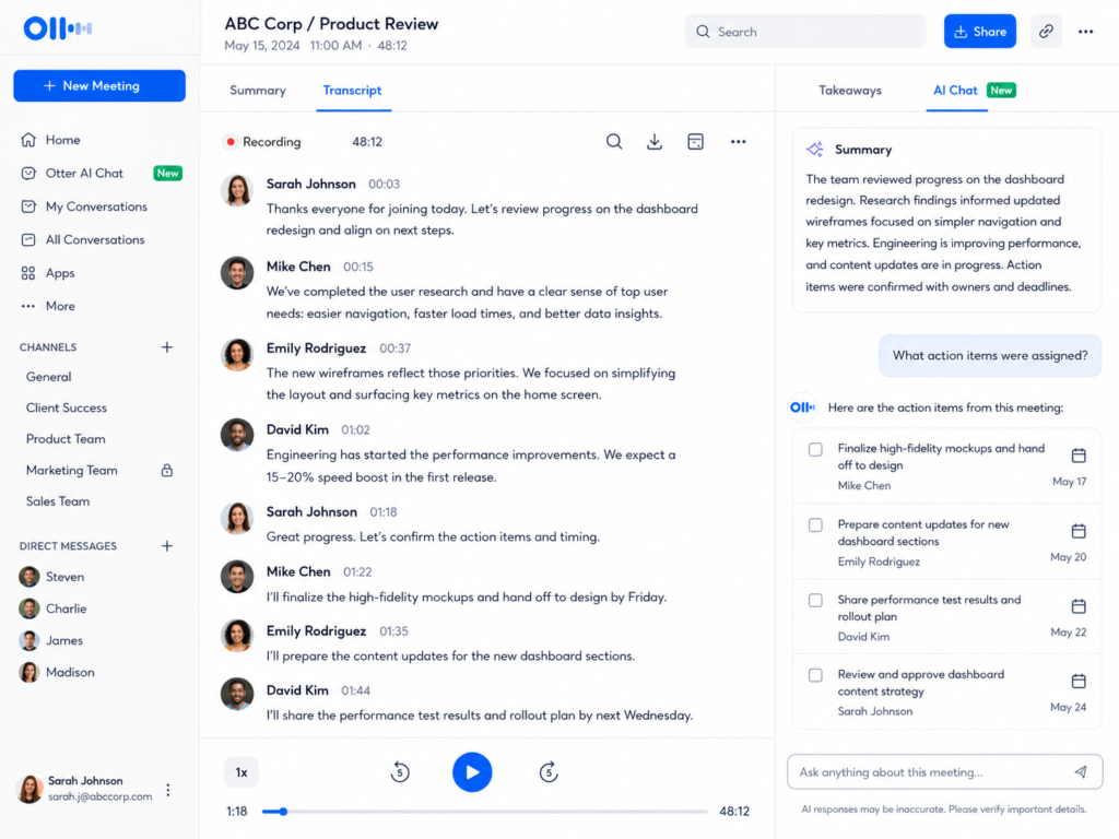 Otter AI Chat generating meeting summary and action items