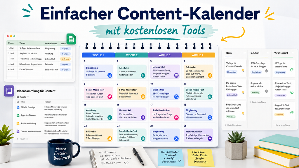 Kostenloser Content-Kalender mit Google Sheets, Notion und Trello