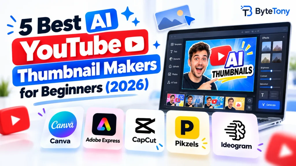 AI YouTube Thumbnail Makers for Beginners featuring Canva, Adobe Express, CapCut, Pikzels, and Ideogram logos with ByteTony branding.