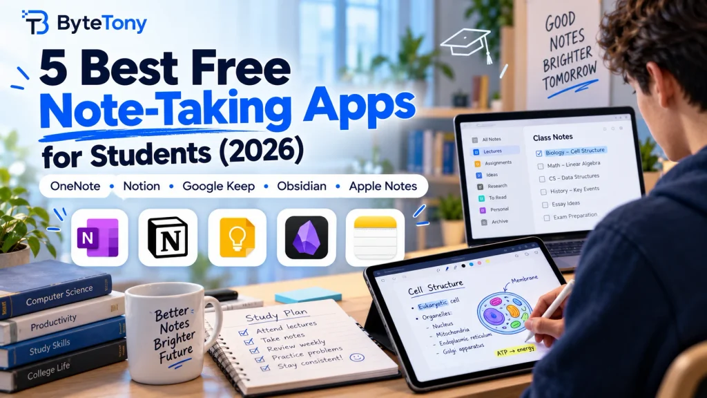 Best free note-taking apps for students featuring OneNote, Notion, Google Keep, Obsidian, and Apple Notes