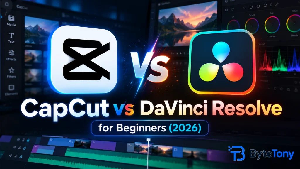 CapCut vs DaVinci Resolve for Beginners (2026) comparison featuring both video editor logos and ByteTony branding