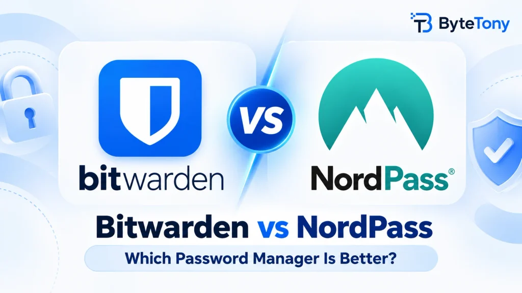 Bitwarden vs NordPass comparison featuring both password manager logos and ByteTony branding.