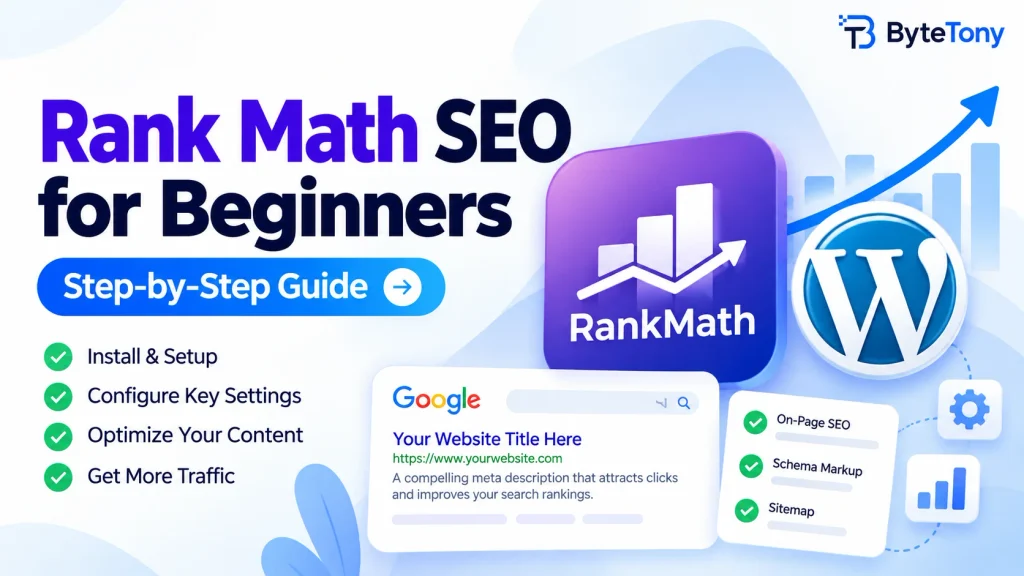 Rank Math SEO for Beginners guide featuring the Rank Math and WordPress logos, SEO checklist, and Google search preview.