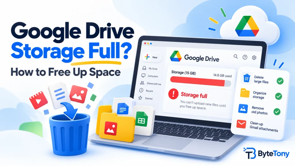 Google Drive storage full warning on a laptop with tips to free up space by deleting large files and organizing storage.